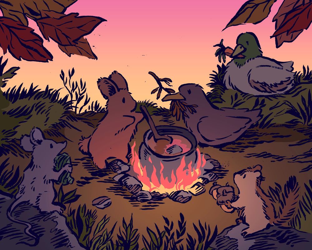 A bunny stirs a cauldron of soup, outdoors at sunset. The soup has a small stone in it, and is simmering. A variety of woodland creatures around the bunny have their own contributions to the soup, including a chipmunk with acorns and a duck with a carrot (for some reason.)