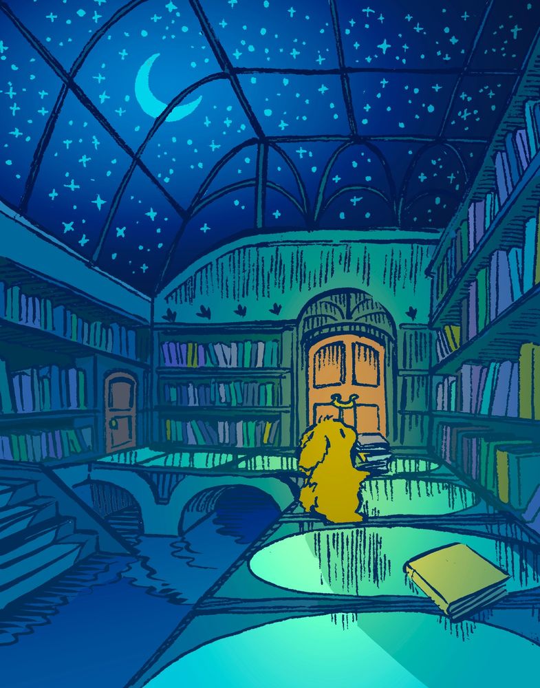 A bunny holding a short stack of books looks up to the top shelf in a mysterious-looking library. The library has a glass roof, and the night sky with a crescent moon is visible outside. There is also a little waterway.