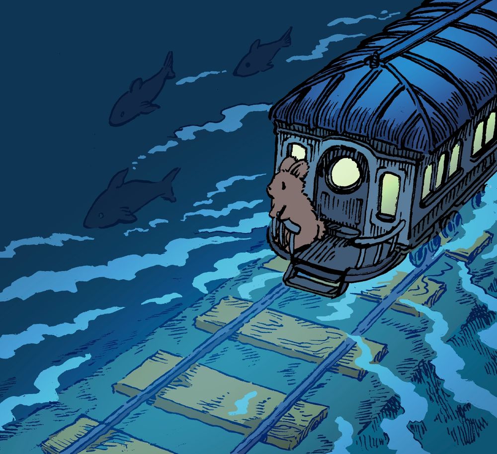A bunny stands on the platform in the back of a traincar, as the train goes across the surface of a sea or ocean, the tracks visible just underneath the water. There are some fish next to the train, traveling in the opposite direction. It is dark out.