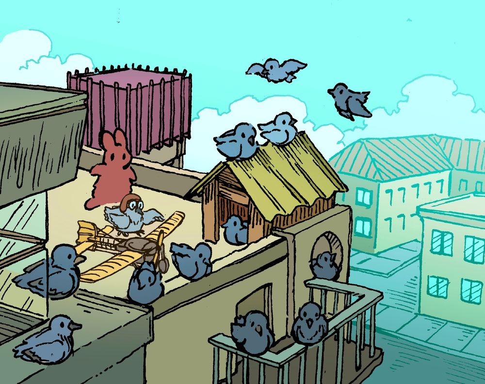 A bunny is on the roof of a building, observing an assortment of birds. Most of them are simply hanging out on the roof, next to a shed for a rooftop garden. But one of them has built their own propeller airplane, which they gesture at proudly. They are wearing a little pilot helmet.