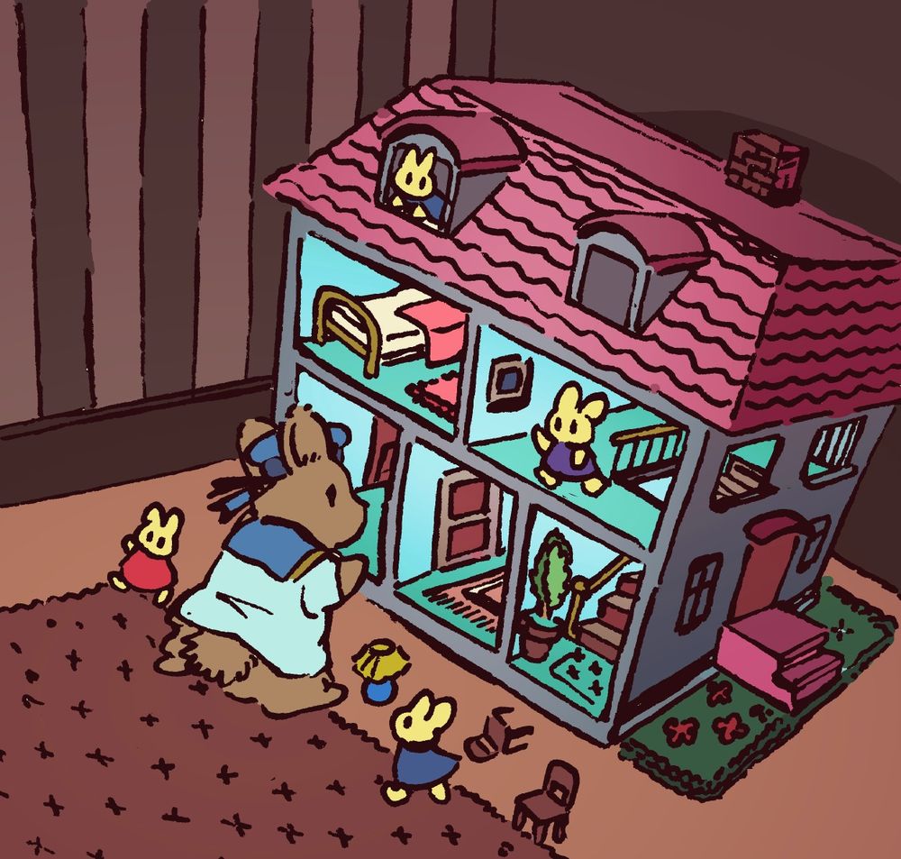 A bunny in a victorian sailor uniform plays with a luxurious dollhouse, three stories tall. Inside are small doll bunnies, who seem to be sentient