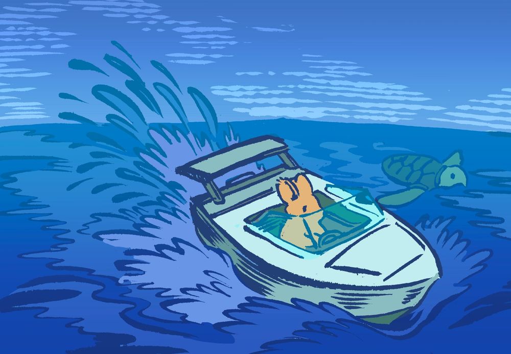 A bunny on a motorboat races against a green sea turtle in the open sea. The bunny is going at full speed, so it looks like he will be the winner.