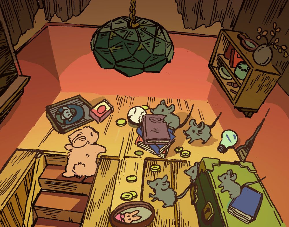 A bunny at the top of a flight of stairs investigates a room full of old-fashioned memorabilia, coins and books strewn about the floor. A family of mice, who call this room their home, eye him cautiously.
