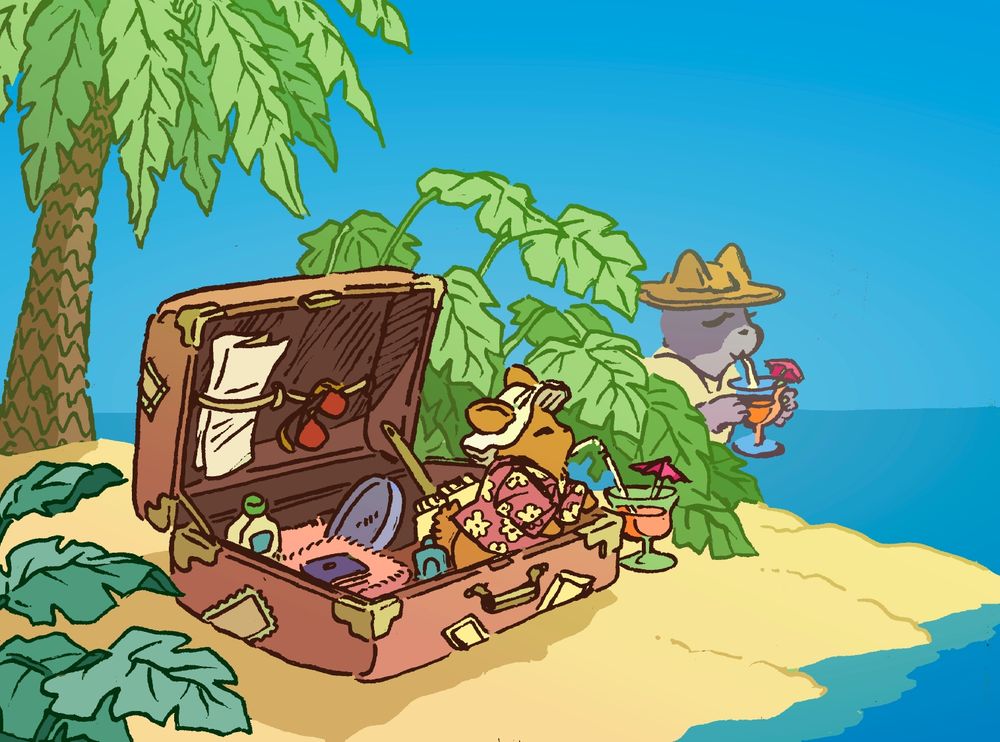 A bunny in stereotypical tourist attire, with a Hawaiian shirt and sunhat, sits inside a suitcase with all his stuff in it. Despite his apparent wealth, he may be living in the suitcase. He sips an orange drink happily, as a cat in similar attire sips an identical drink. They are on a beach next to a palm tree.