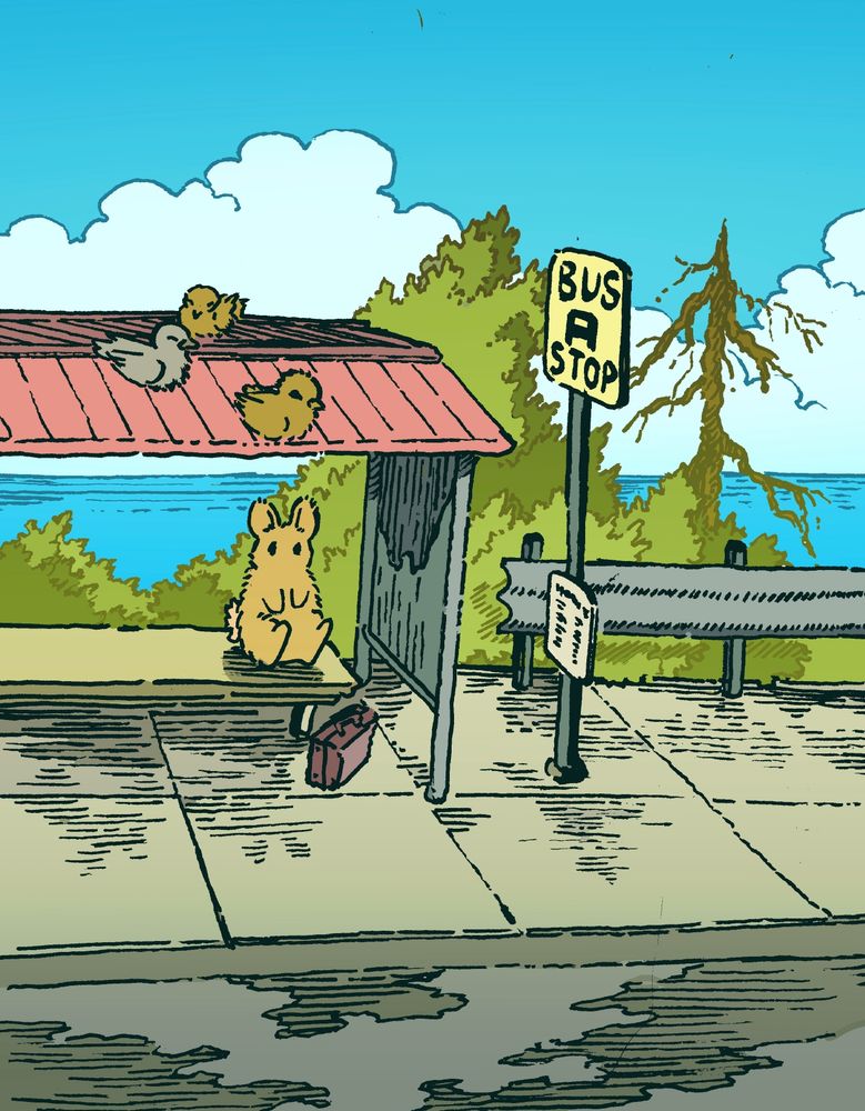 A bunny is waiting patiently (but boredly) at a bus station by the sea. There is a schedule showing the hours of arrival, and a few birds basking on the roof of the bus top. It is a summer day.