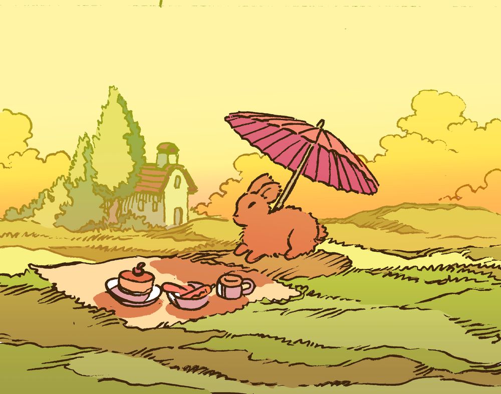 A bunny is happily preparing to eat a hearty meal, carrots and cake, laid out on a blanket in front of her. She has a parasol and a small picnic blanket, and is in the middle of a field on a balmy autumn day
