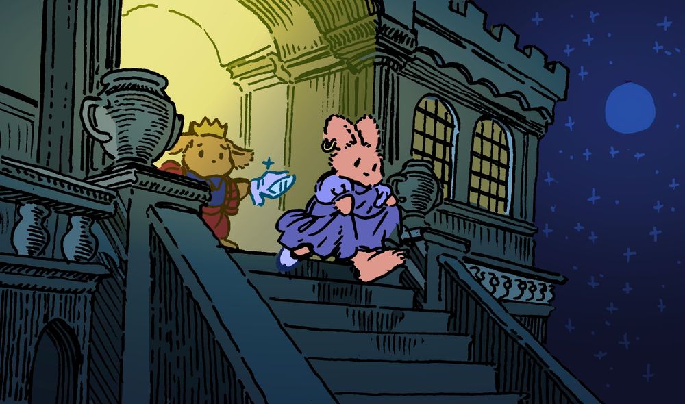 A bunny is cinderella, at the stroke of midnight! Wearing a purple ballgown, she charges down the steps of a castle to get home. Her Prince Charming sadly holds out her glass slipper behind her.