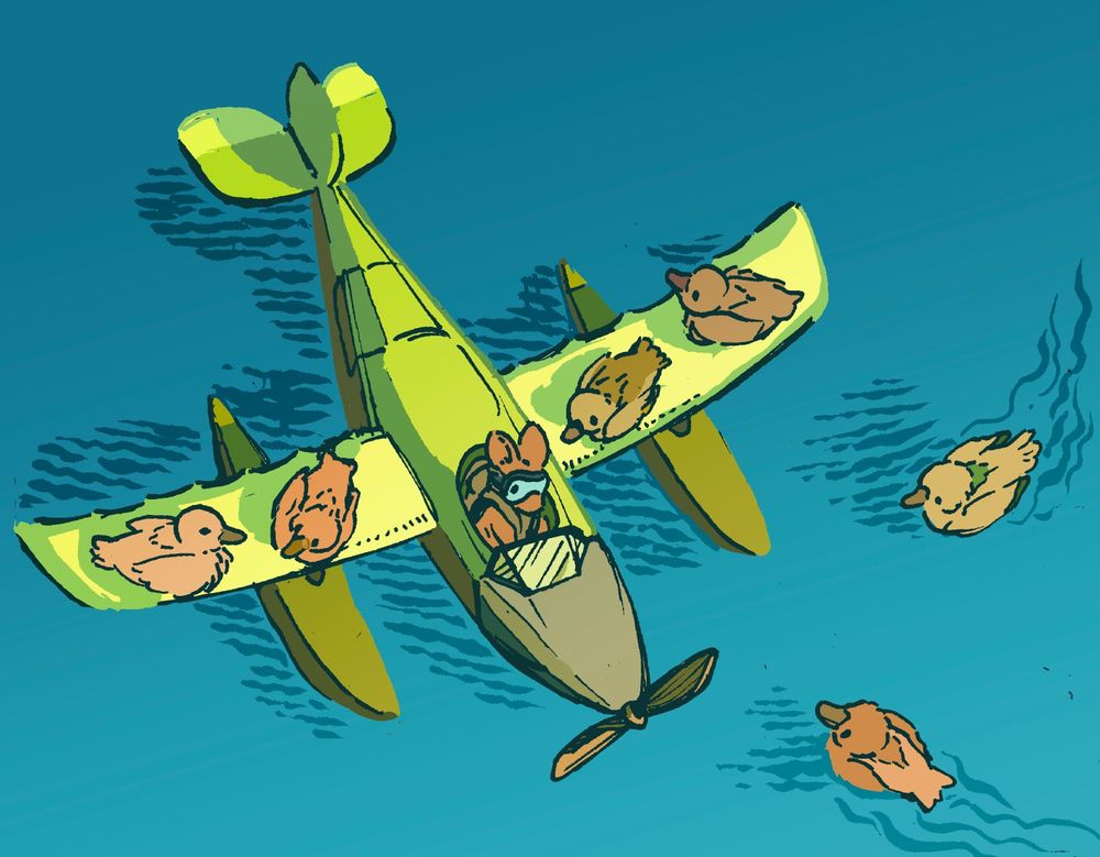 A bunny sits in the pilot seat of a small floatplane. The plane is on the water, not flying at the moment, and is yellow and green like a banana. Many ducks are sitting comfortably on both wings of the plane, perhaps waiting for takeoff so they can get a boost.