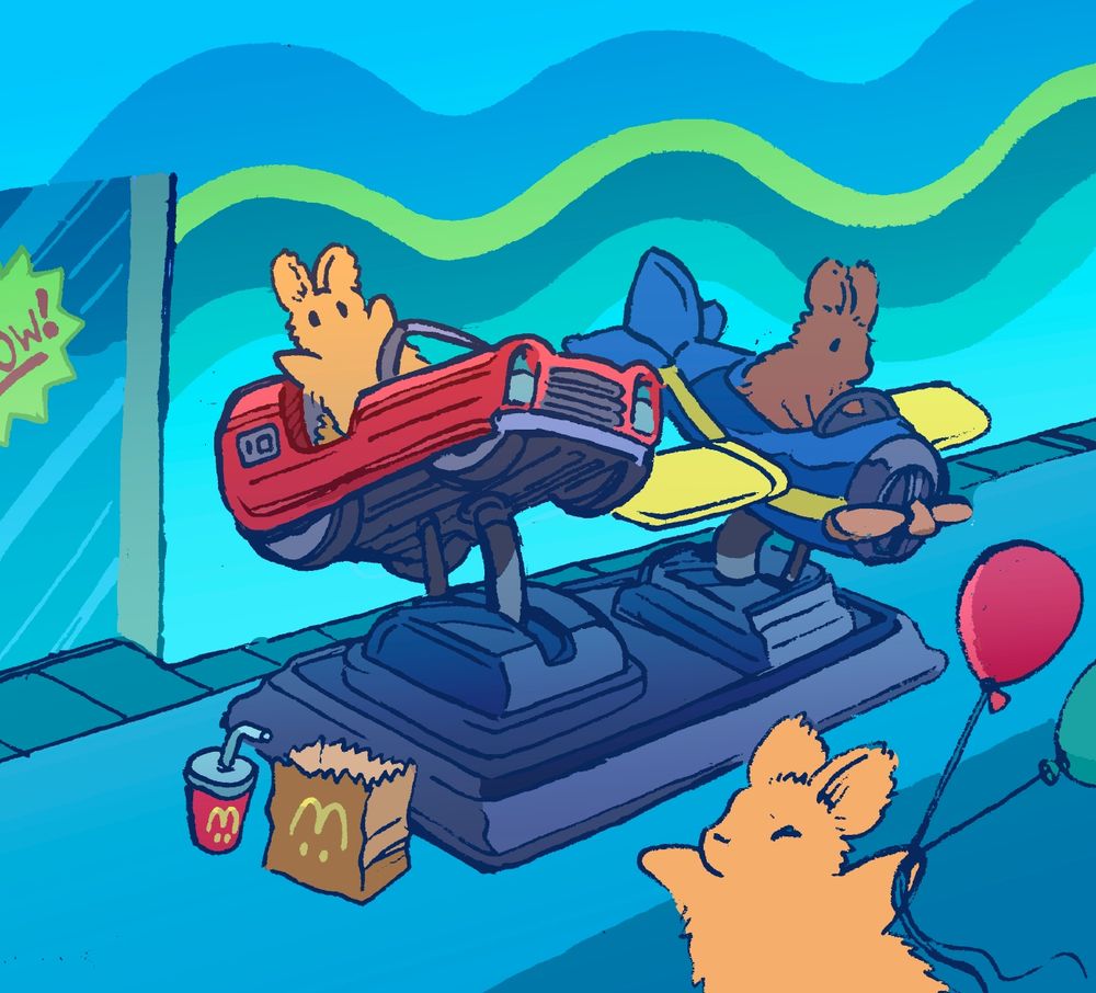 Two bunnies are riding kiddie rides, like you might see in a mall or amusement park. One is shaped like a red car, the other is like an old plane, and they are both rocking back and forth as the bunnies flop about. They also have fast food bags that they've set down beside the ride.