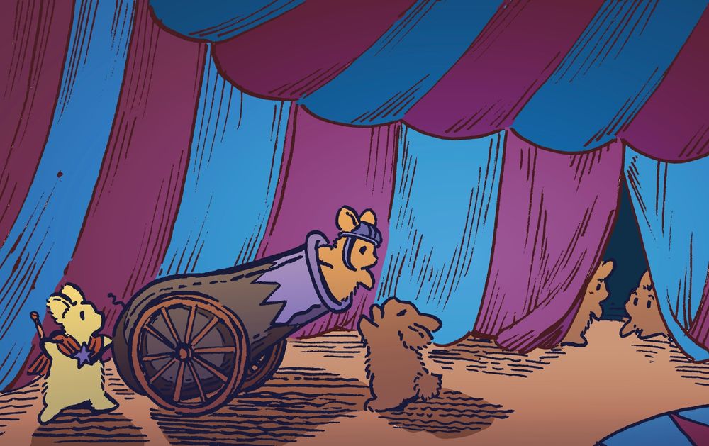 A small bunny gets into a cannon, wearing a helmet, for a 'human cannonball' act at a carnival. Another bunny lifts them into the mouth of the cannon, while a third one is about to light the fuse. They are under a bigtop of a circus, but it is a 'test run', not in front of an audience. Two other small bunnies peak in to see the excitement. 