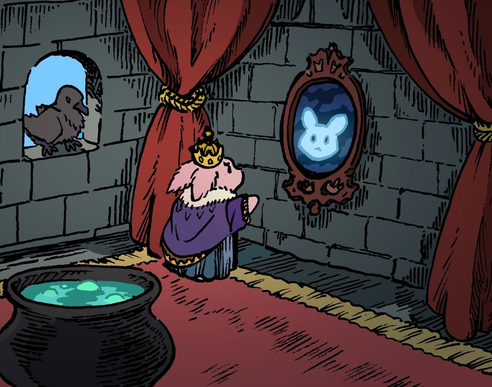 A bunny is the villain from the fairy tale 'Snow White', and is in an angry argument with her magic mirror on the wall of her castle. The face in the mirror looks frank, and sorry to be the bearer of bad news. 