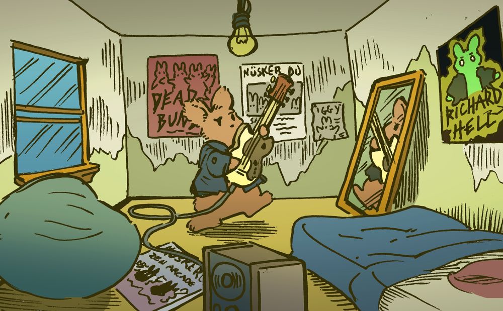 A bunny plays an electric guitar in his shabby bedroom. Wearing a leather jacket, he is showboating in front of a mirror. Around the room are posters for Husker Du, the Dead Buns and other punk music bunny icons.