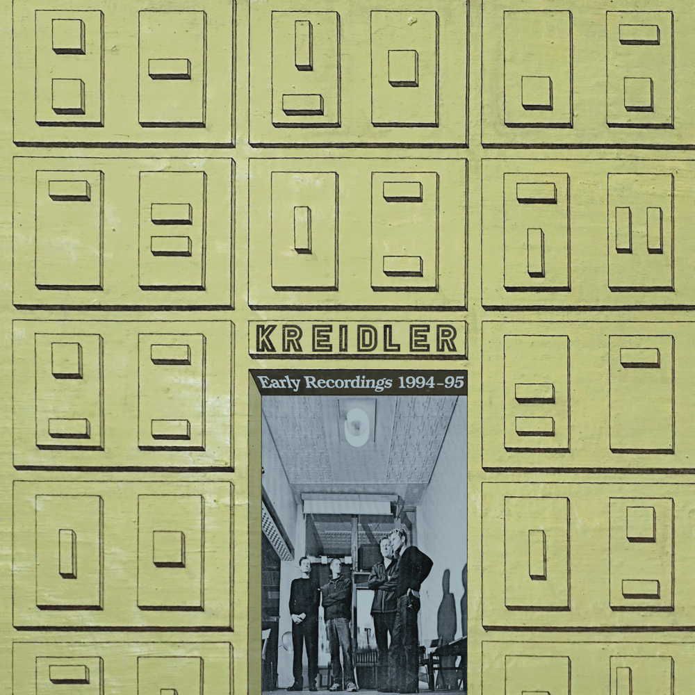 Cover artwork by Hendrik Krawen, incorporating a black and white photography of Kreidler by Torsten Goffin; a light olive green pattern of box-like drawings with black outlines, in the centre typography KREIDLER Early Recordings 1984-95, below the photo