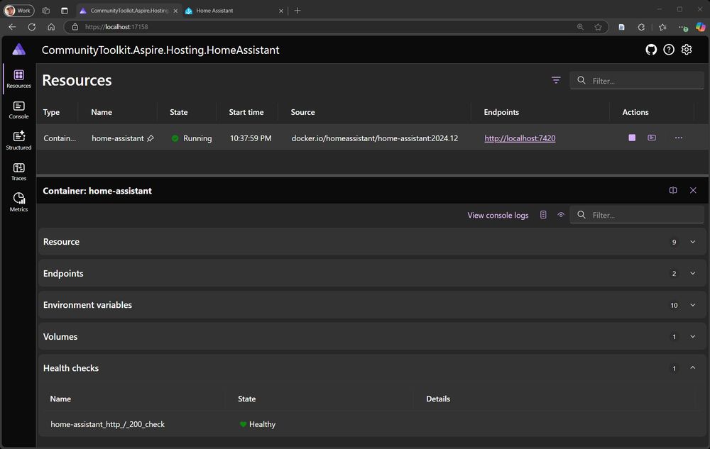 .NET Aspire dashboard: Depicting running HomeAssistant persistent container with HTTP health check.