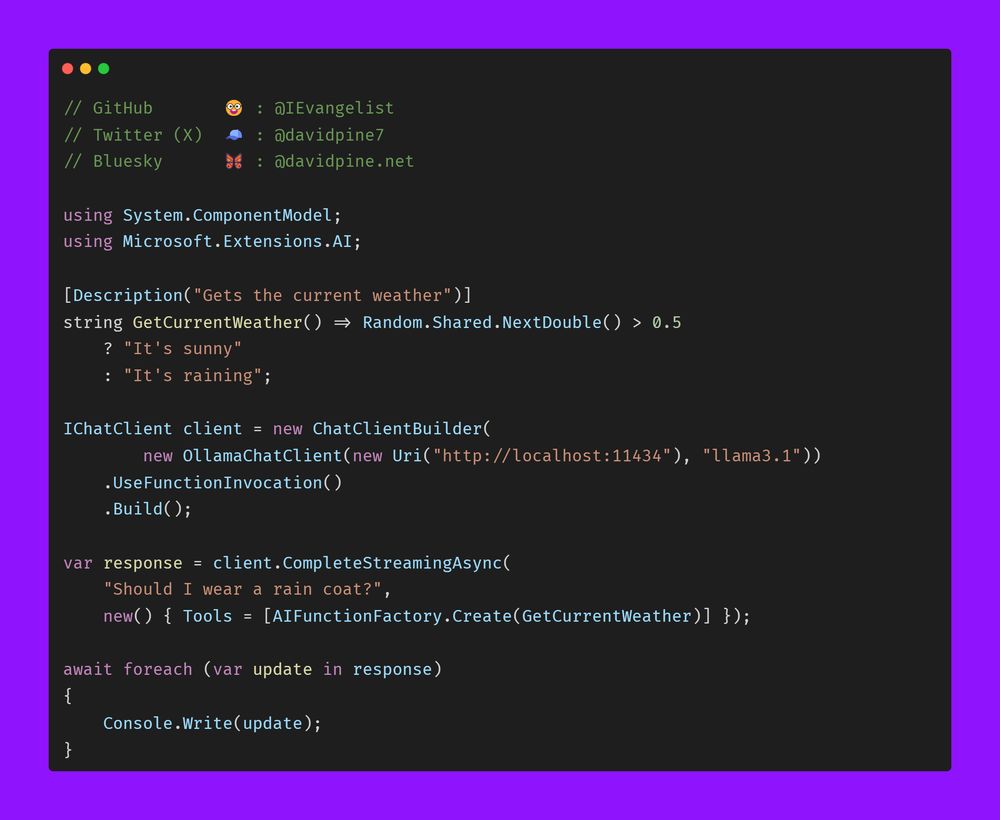 An example .NET app using the Ollama chat client, streaming APIs with the unified IChatClient interface and demonstrating tool calling.