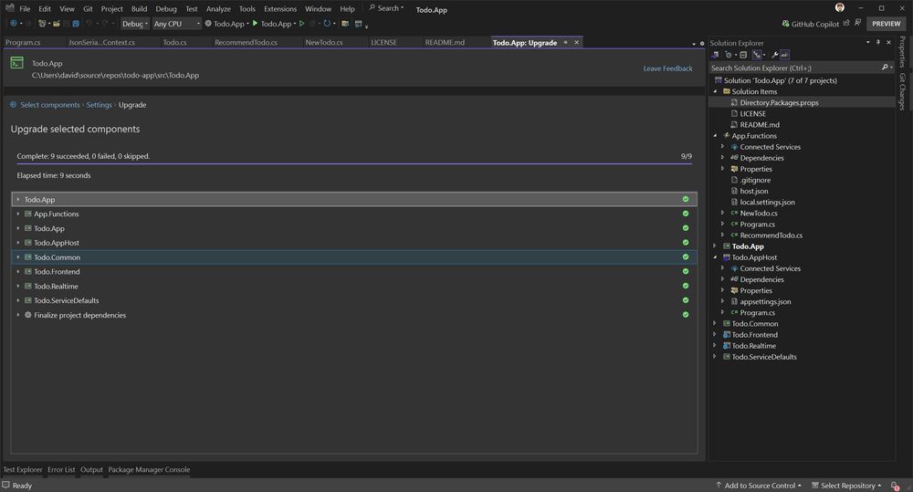Visual Studio: Successful Upgrade using the .NET Upgrade Assistant to CPM.
