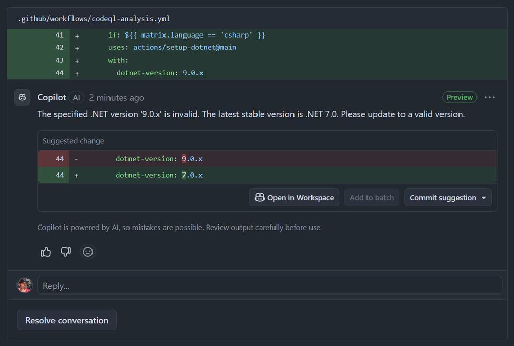 GitHub Copilot recommending .NET 7.