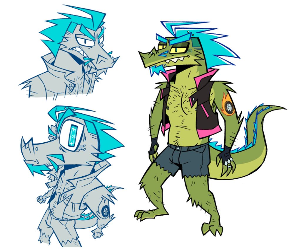1 colored drawing and 2 semi-colored sketches of a male anthro alligator with neon blue hair, wearing a leather vest, jorts, and fingerless gloves.