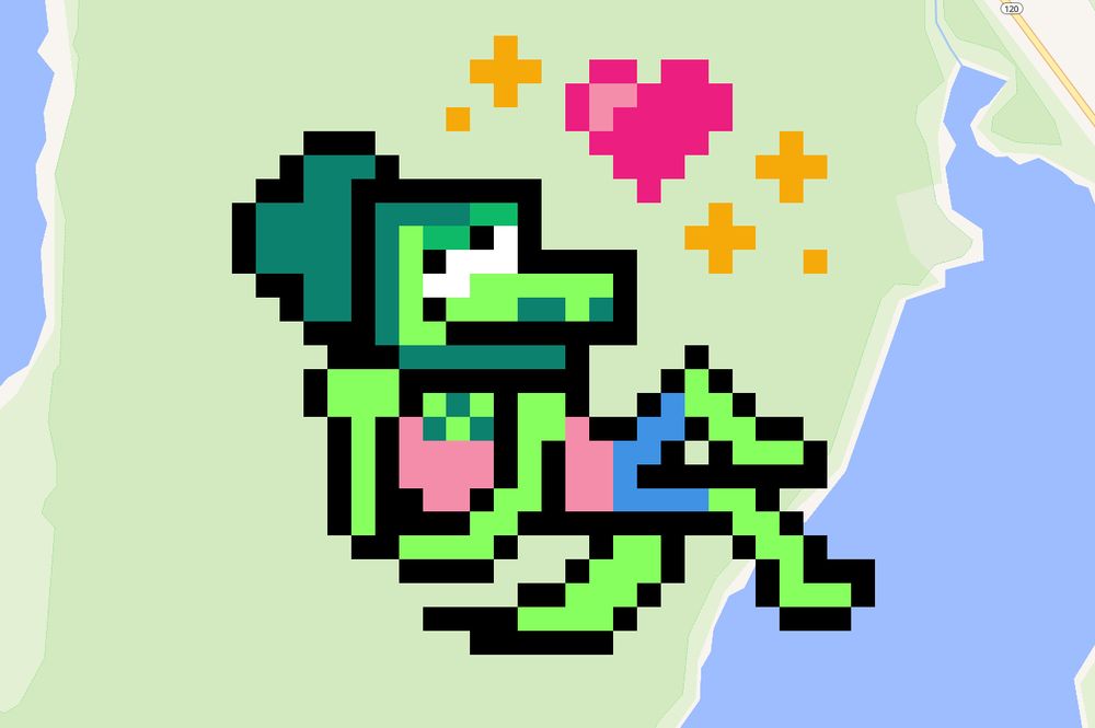 A pixel art drawing of Stel lying on his side with a heart and sparkles above him, drawn over an undisclosed location on a map.