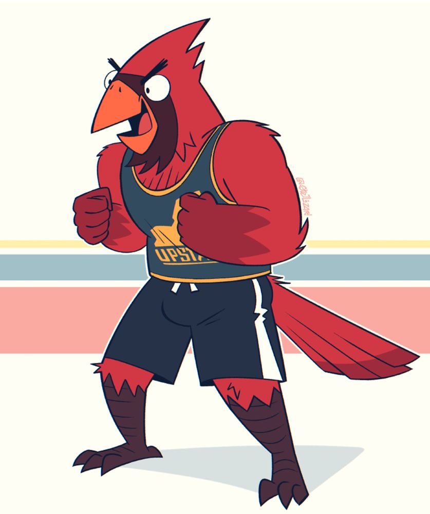 A buff anthro male cardinal wearing a tank top and workout shorts, standing with both fists up and with an excited facial expression. The background is mostly solid white with 3 stripes cutting through the middle behind the character.