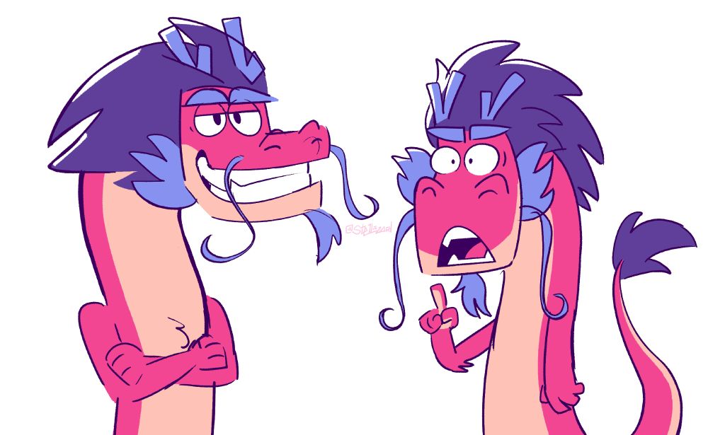 Two colored sketches of Long, an anthro dragon character from the animated movie "Wish Dragon".