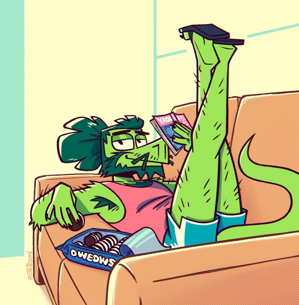 A drawing of Stel laying back on a couch with both of his legs up in the air while reading a book and eating cookies.