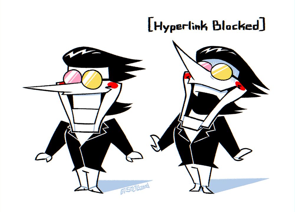 Two drawings of Spamton from Deltarune. On the left, he's standing with a giant smile. On the right, he's laughing maniacally with the words "[Hyperlink Blocked]" written above him.