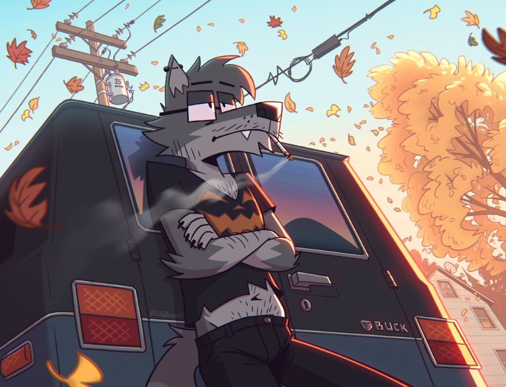 A drawing of Lance (my anthro wolf oc) leaning on the back of his van, smoking a cigarette on a windy autumn afternoon as leaves blow around him. He's wearing a cropped jack-o'-lantern t-shirt. Some trees, powerlines, and house with a few Halloween decorations inside can be seen in the background.