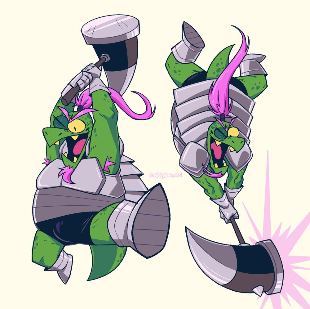 Two drawings of Gerson Boom, a male anthro turtle character from Deltarune chapter 4.