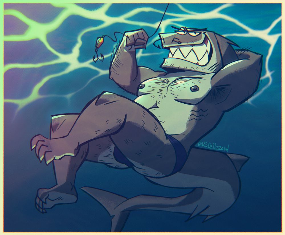 A drawing of a buff male anthro shark wearing a speedo, floating underwater in a laid-back pose and holding a fishing hook by the line while smiling towards the viewer.

Edited repost from 2023.