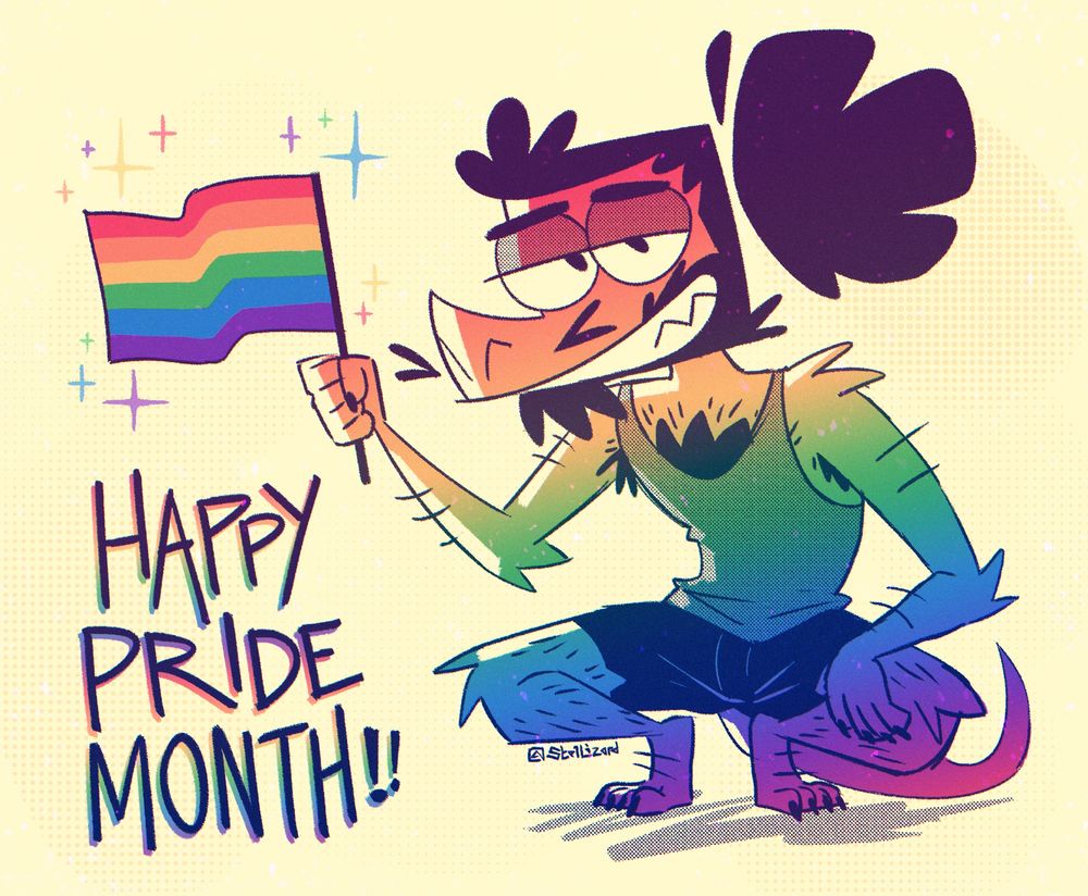 A drawing of Stel holding a gay pride flag with the text "HAPPY PRIDE MONTH!!" written on the bottom left side of the image.