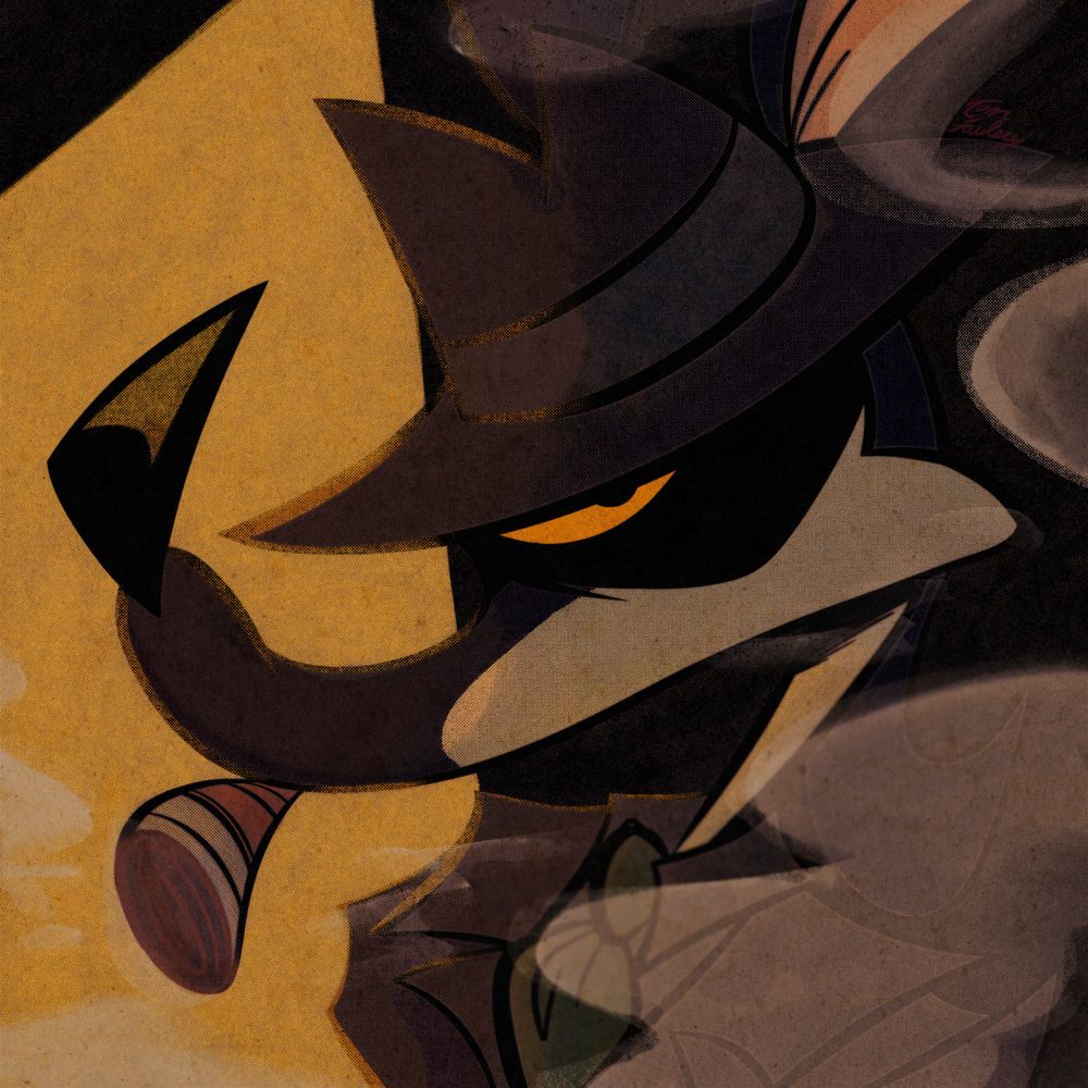 A maned wolf in noir-ish lighting. His hat hides most of his head, leaving just his yellow eye in view. A single light hits down from the side; smoke emits from his cigarette.