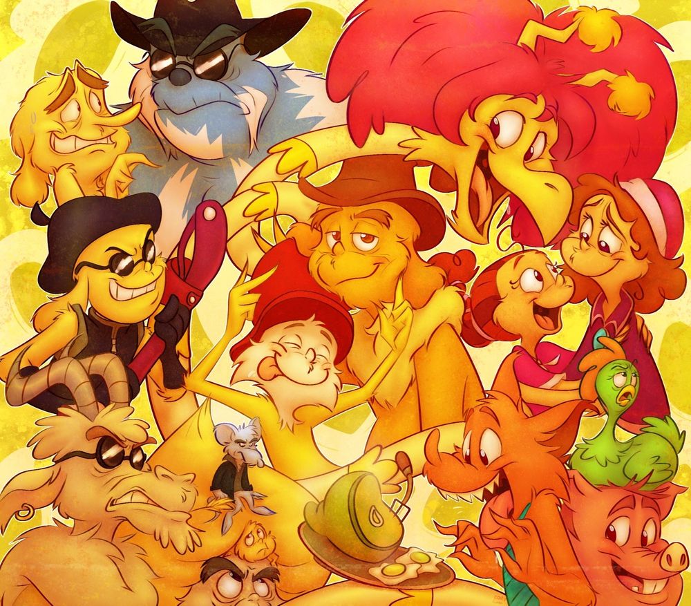 An artistic spread of characters from Green Eggs and Ham, with Sam and Guy in the middle, smiling. Soft greens and yellows fill the picture.