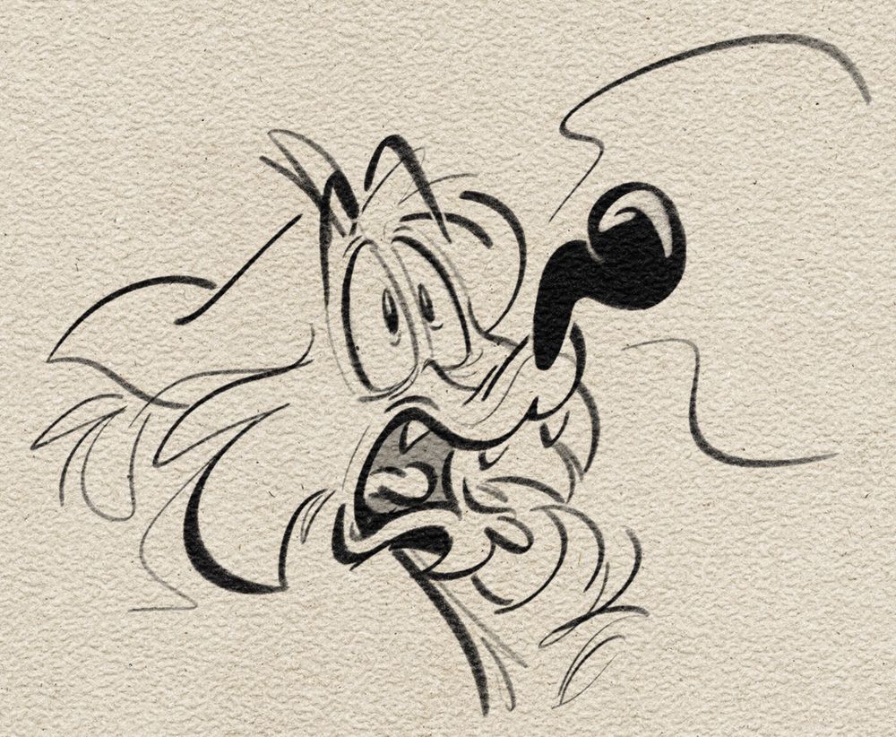 A cartoon fox with a big nose and ears. Its mouth is open as though yelling in surprise, its eyebrows up and whiskers frayed.