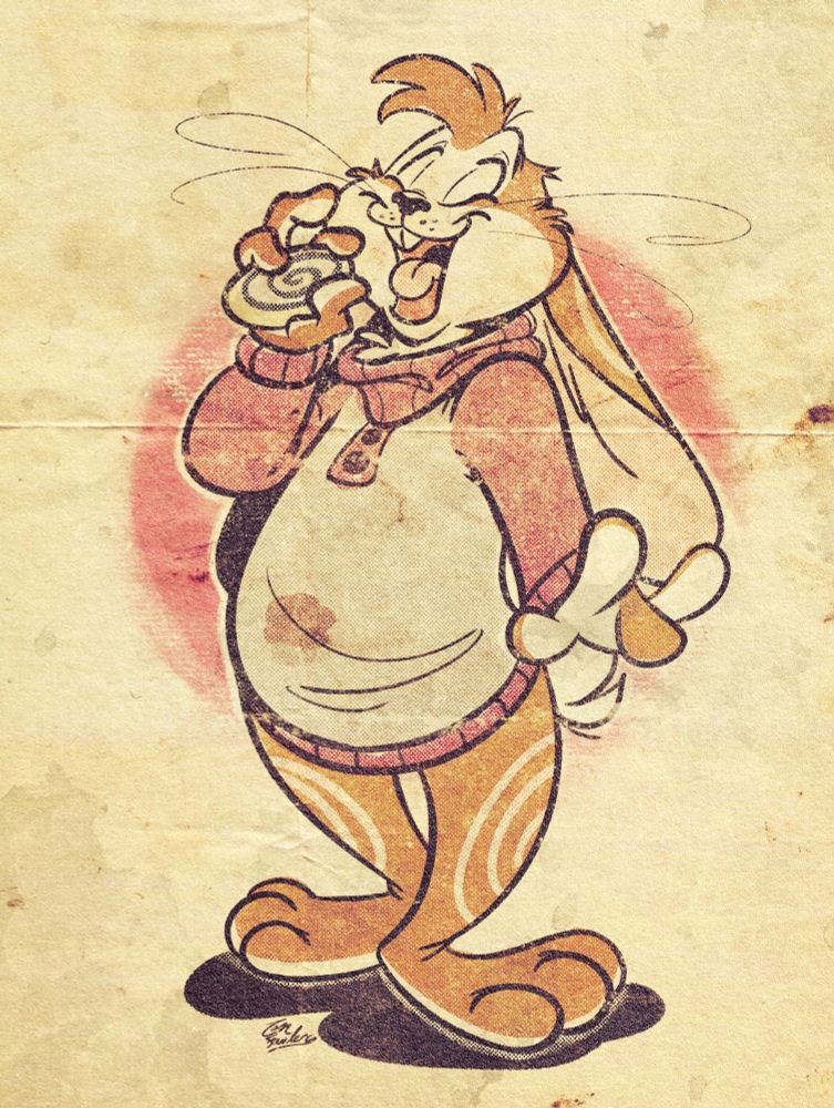 A delighted, brown and light furred lagomorph has his mouth open to eat a cinnabon. He is drawn in ink, halftones, and is set on a paper background. It looks vintage with subtle tears and stains. 