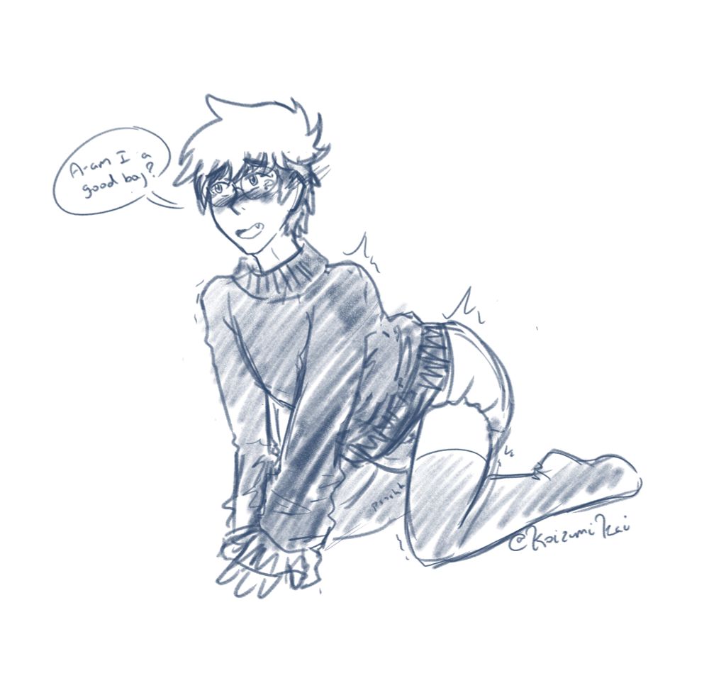 a sketch of Vash wearing an oversized sweater turtleneck, thigh highs and a big, puffy diaper. He's on his hands and knees. He's blushing as he wets his diaper and asks "A-am I a good boy?"