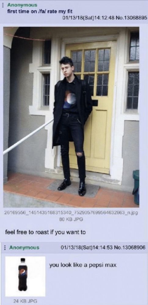 picture posted on /fa/, the fashion board of 4chan. first post is a man in a black coat, skinny ripped black jeans, black boots, and a black tshirt with a red/white/blue design on the front, with caption "first time on /fa/ rate my fit, feel free to roast if you want to". first reply is "you look like a pepsi max" with a picture attached. he does indeed look like a pepsi max.