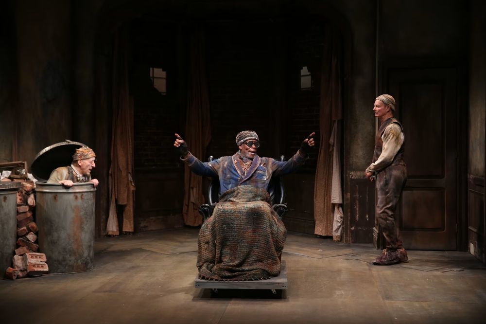 image from a production of Samuel Beckett's Endgame at the Irish Repertory Theatre (i havent seen this production but this is absolutely whats going on inside that house)