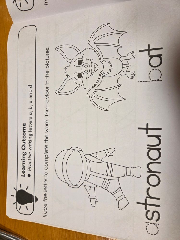 Photo of a page out of an educational book. The "learning outcome" is "practise writing letters" 
