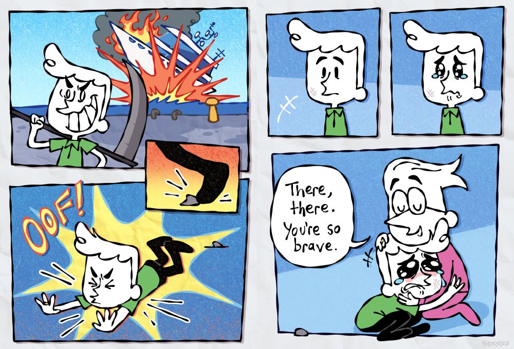 6 panel comic about Misterman and Umbert from the AWI shorts. In the first panel, misterman is walking away from a billionaire's megayacht that he just blew up. 2nd small panel, he trips on a pebble, and 3rd panel he falls onto his stomach.
On the second page, he gets up and pauses for a moment before becoming teary eyed, and buries himself in his husband's arms. Umbert is holding him and petting his head saying "There, there. You're so brave."