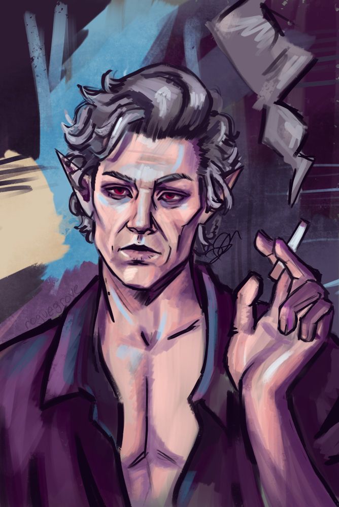 digital drawing of astarion from baldur's gate smoking a cigarette, in the style of disco elysium.