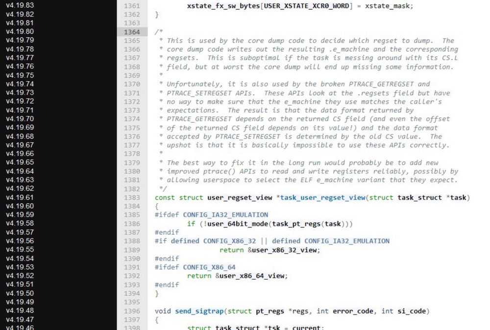 This is used by the core dump code to decide which regset to dump. The core dump code writes out the resulting .e_machine and the corresponding regsets. This is suboptimal if the task is messing around with its CS.L field, but at worst the core dump will end up missing some information. Unfortunately, it is also used by the broken PTRACE_GETREGSET and PTRACE_SETREGSET APIs. These APIs look at the .regsets field but have no way to make sure that the e_machine they use matches the caller's expectations. The result is that the data format returned by PTRACE_GETREGSET depends on the returned CS field (and even the offset of the returned CS field depends on its value!) and the data format accepted by PTRACE_SETREGSET is determined by the old CS value. The upshot is that it is basically impossible to use these APIs correctly. The best way to fix it in the long run would probably be to add new improved ptrace() APIs to read and write registers reliably, possibly by allowing userspace to selec