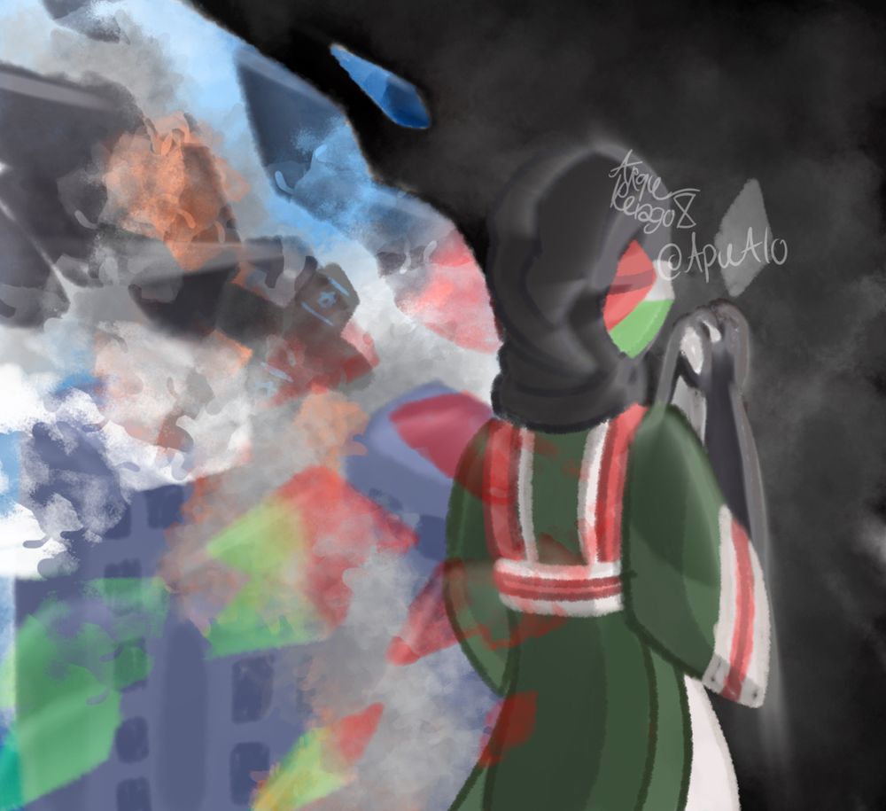 Countryhuman Palestine standing facing the dark. A shattered wing of the flag showing the destruction of their country.