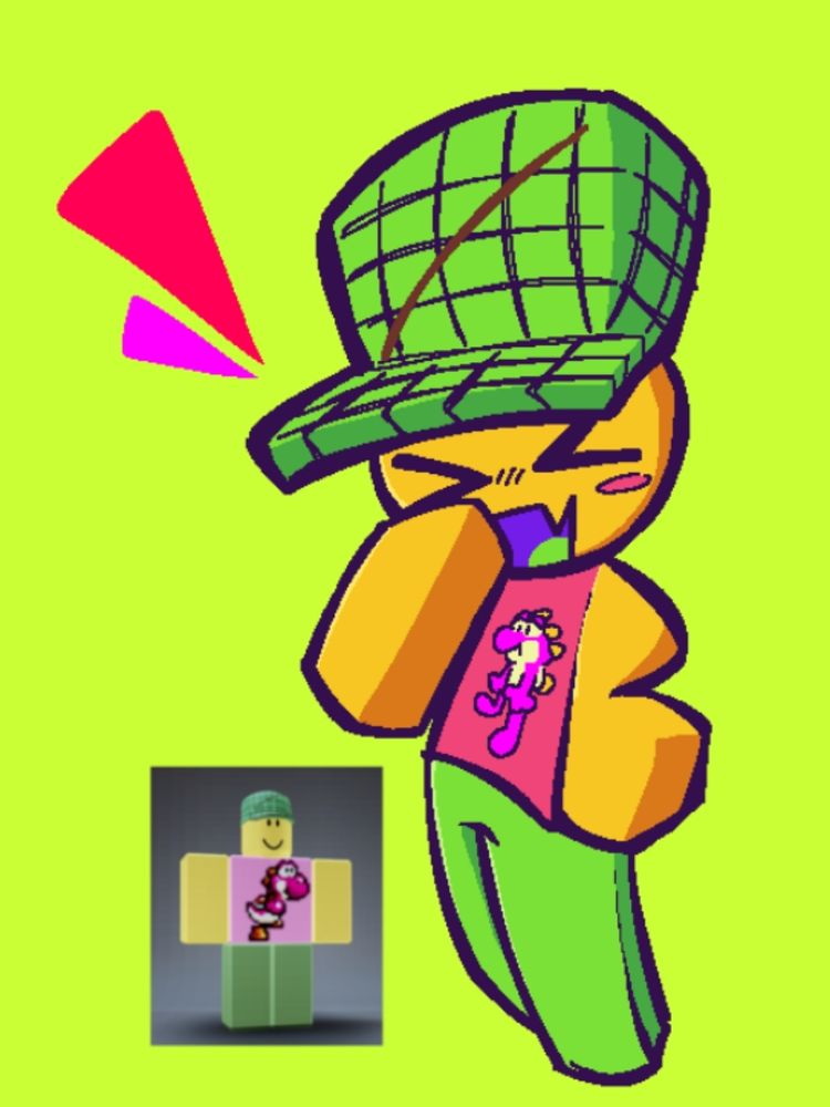 an art of a roblox avatar: 
A blocky fella in green pants, green cap and a pink shirt with a magenta yoshi print 