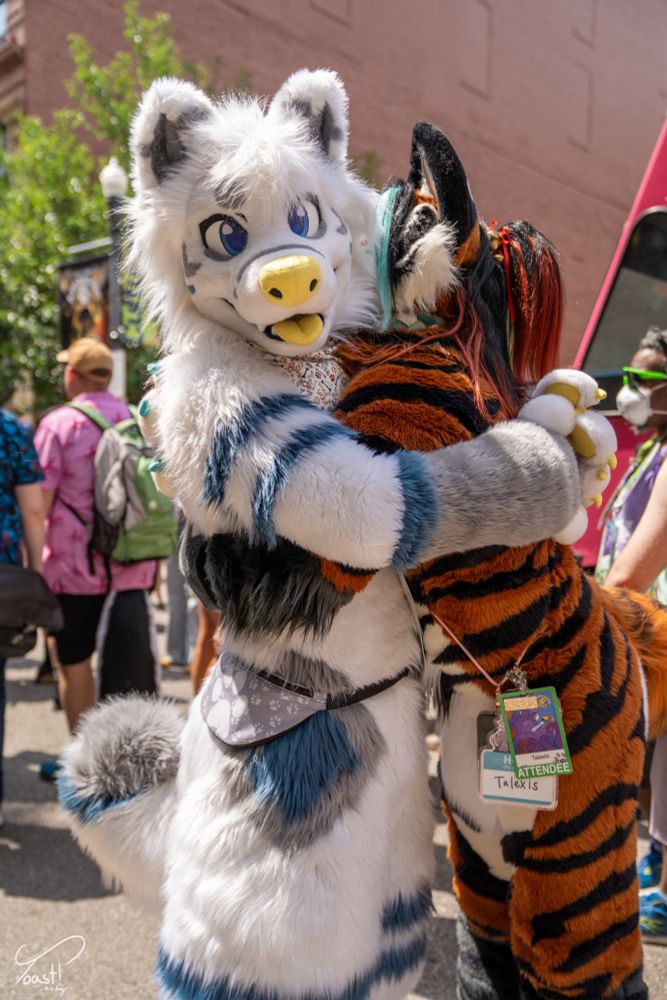 Talexis, a tigerfox and Amp, a really good puppy dog hugging at Anthrocon 2025’s block party