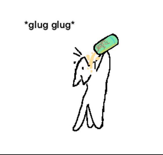 A cat drinks what I think might be La Croix sparkling water from a can with the text "Glug Glug". Here I'm using this to signify the sort of cat like wiliness of the characters but also the fact that I really enjoy consuming and taking in the breadth (yes there is breadth in these artworks I think) of these nice arts.