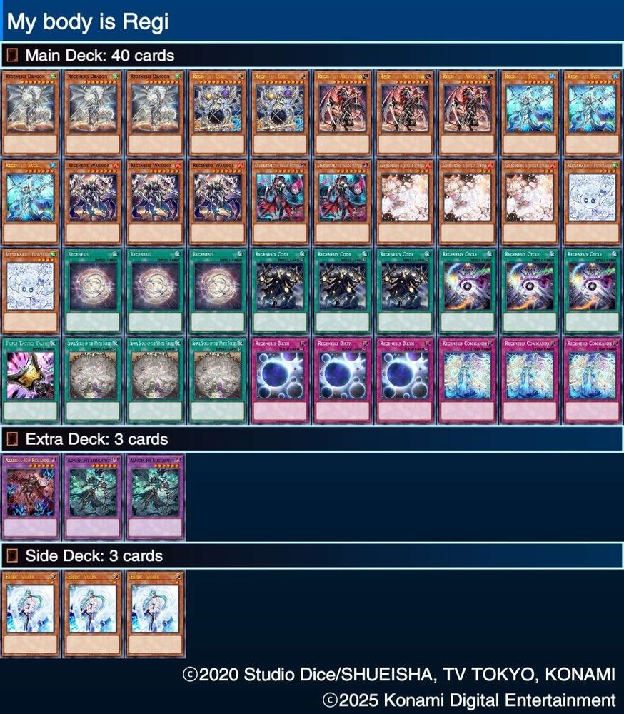 A regenesis deck the pic from yugioh neuron a ap fir the paper card game.  The deck contain all regenesis cards at 3 minus lord