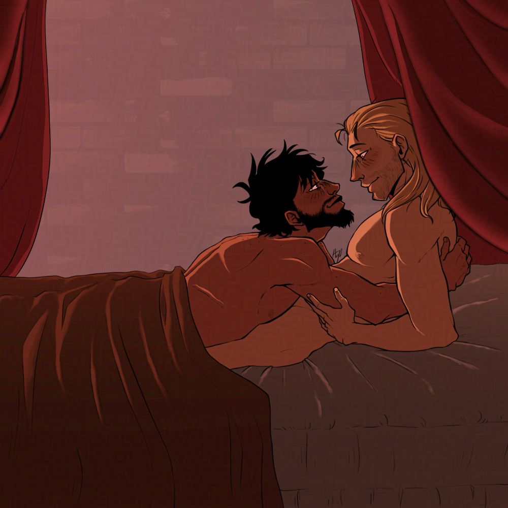 Illustration showing Hawke laying on top of Anders as they look into each others eyes affectionately.
