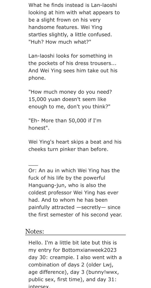 Description of the fic — Wei Ying has the fuck of his life by the powerful Hanguang-jun as if it were out of one of his wildest, sexiest dark fantasies 