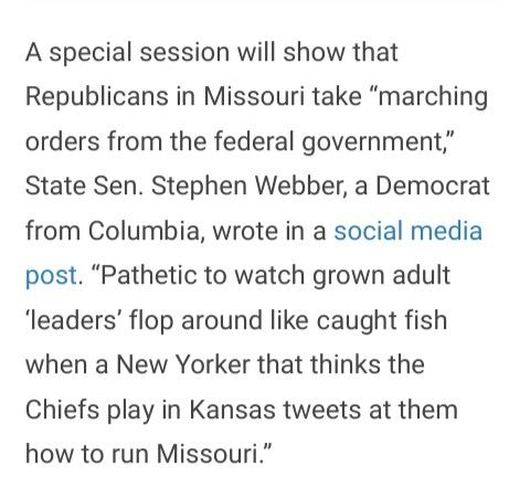 Pathetic to watch grown adult 'leaders' flop around like caught fish when a New Yorker that thinks the Chiefs play in Kansas tweets at them how to run Missouri.